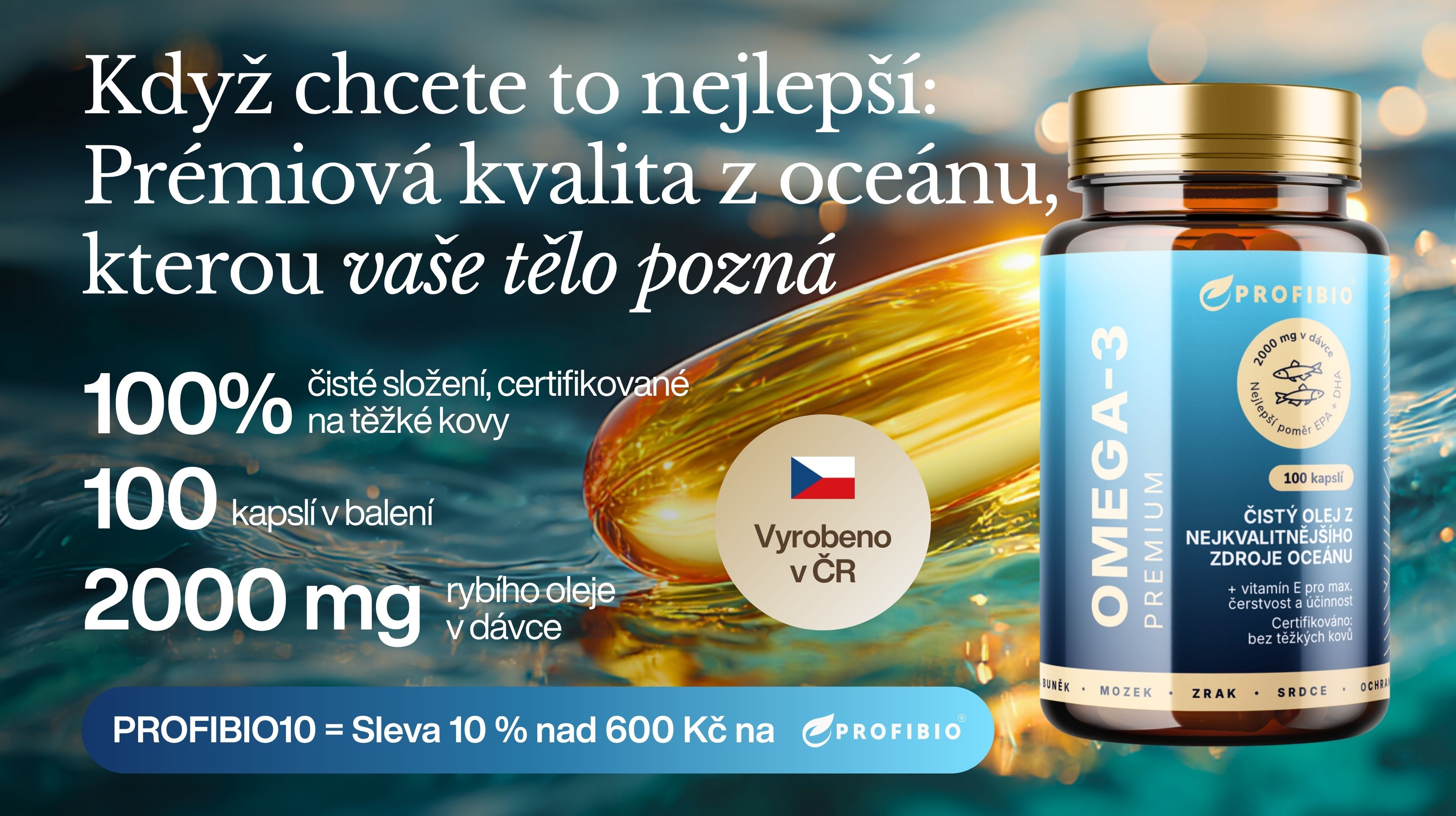 PREMIUM Omega-3 + vitamín E, Čistý rybí olej z ančoviček, 2000 mg, 100 softgel kapslí -1